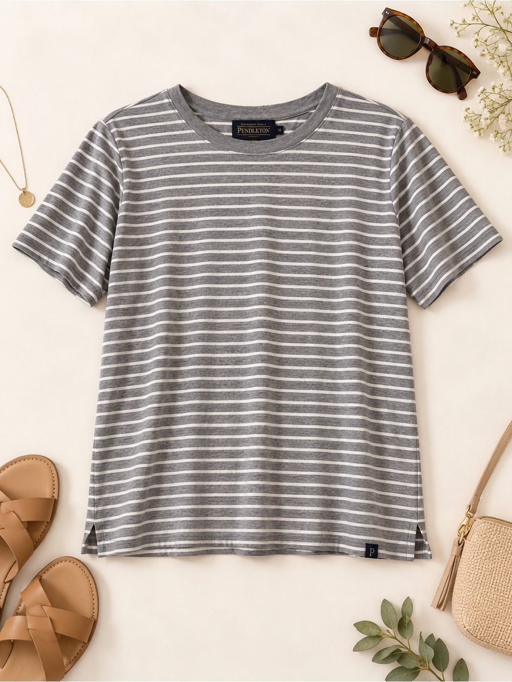 Pendleton Gray White Striped Cotton Tee Size M Short Sleeve